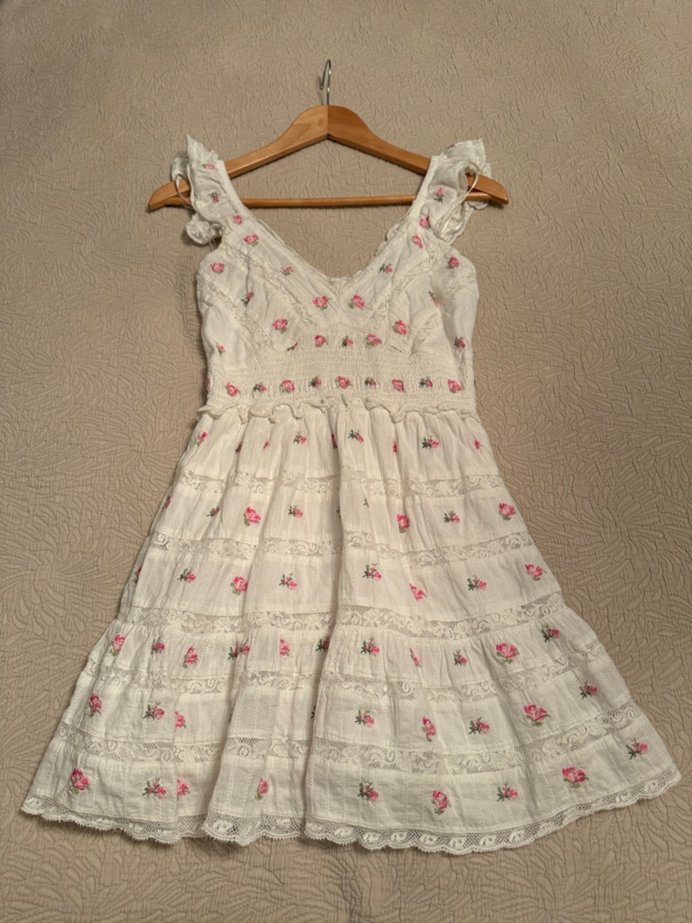 Love Shack Fancy White Floral Embroidered Sundress with Pink Roses XS